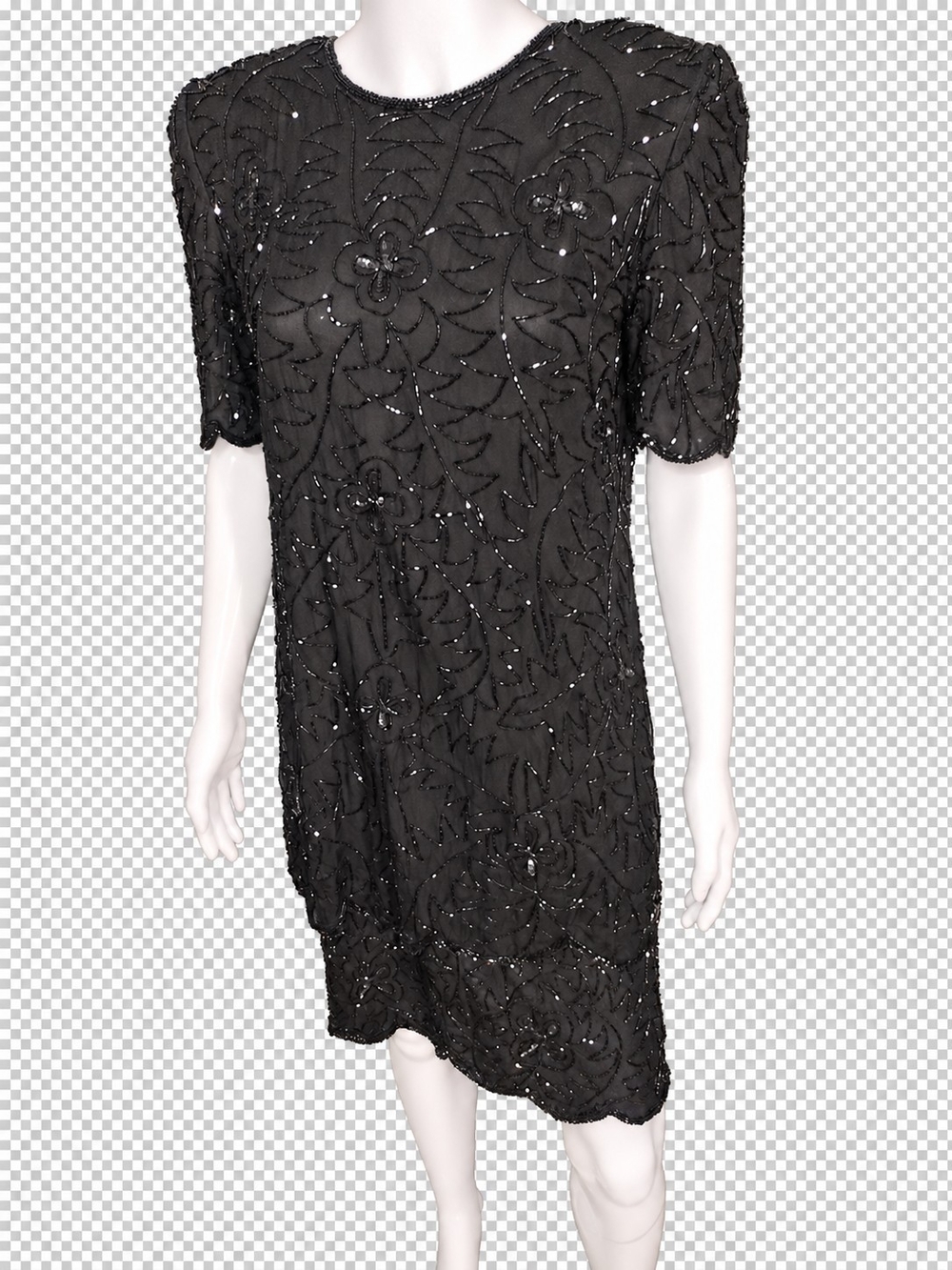 Vintage Small Black JMD New York Size 100% Silk Beaded Scalloped Dress